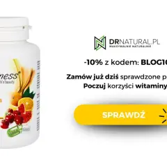Biała butelka suplementu diety Witamina C 1000 mg Plus z owocami cytrusowymi i wiśniami.
