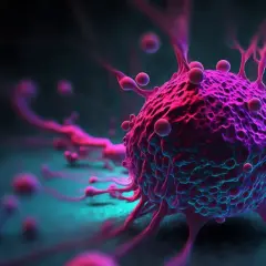 Różowa, kolczasta komórka nowotworowa, symbolizująca wyzwanie dla immunoterapii, otoczona mniejszymi kulkami na ciemnym tle.
