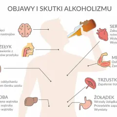 Ilustracja pokazuje skutki alkoholizmu: uszkodzenia mózgu, przełyku, płuc, wątroby, serca, mięśni, trzustki i żołądka.