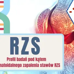 Grafika przedstawia schemat DNA, przekrój stawu oraz napis RZS.