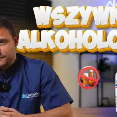 Mężczyzna w niebieskiej koszuli, obok buteleczka leku Disulfiram WZF i znak zakazu alkoholu. Tytuł "WSZYWKA ALKOHOLOWA" sugeruje temat.