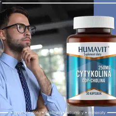 Mężczyzna w okularach zastanawia się nad suplementem diety Humavit Cytikolina CDP-Cholina, który wspiera skupienie umysłu.