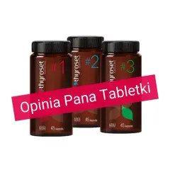 Trzy opakowania suplementu diety thyroset z numerami 1, 2 i 3. Na pierwszym planie różowa wstęga z napisem "Opinia Pana Tabletki".