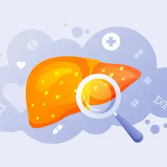 Wizualizacja wątroby pod lupą, symbolizująca pracę hepatologa. W tle chmury z symbolami medycznymi: serce, krzyż, DNA, tabletki.