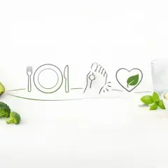 Zdrowa dieta na dnę moczanową: awokado, brokuły, tofu i woda. Symbol serca z liściem oznacza zdrowie.