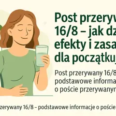 Kobieta z uśmiechem trzyma szklankę wody, obok kalendarz z zegarem. To ilustracja o oknie żywieniowym 16/8.