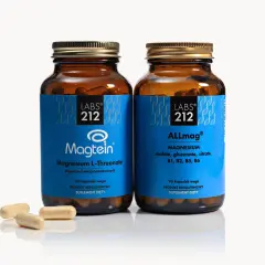 Dwie butelki suplementów diety: Magtein (magnesium L-Threonate) i ALLmag (magnez z B1, B2, B5, B6). Obok leżą trzy kapsułki.