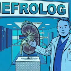 Lekarz od nerek, nefrolog, prezentuje przekrój nerki. Nad nim napis "NEFROLOG".