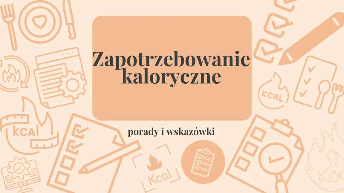 Grafika z ikonami i tekstem "Zapotrzebowanie kaloryczne". Dowiedz się, jak obliczyć deficyt kaloryczny, aby osiągnąć swoje cele.