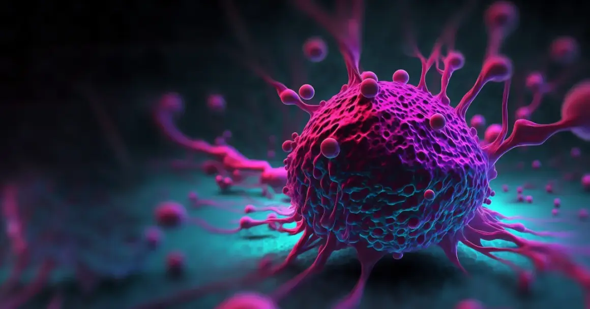 Różowa, kolczasta komórka nowotworowa, symbolizująca wyzwanie dla immunoterapii, otoczona mniejszymi kulkami na ciemnym tle.