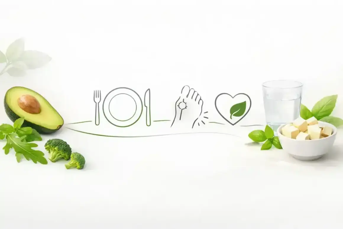 Zdrowa dieta na dnę moczanową: awokado, brokuły, tofu i woda. Symbol serca z liściem oznacza zdrowie.