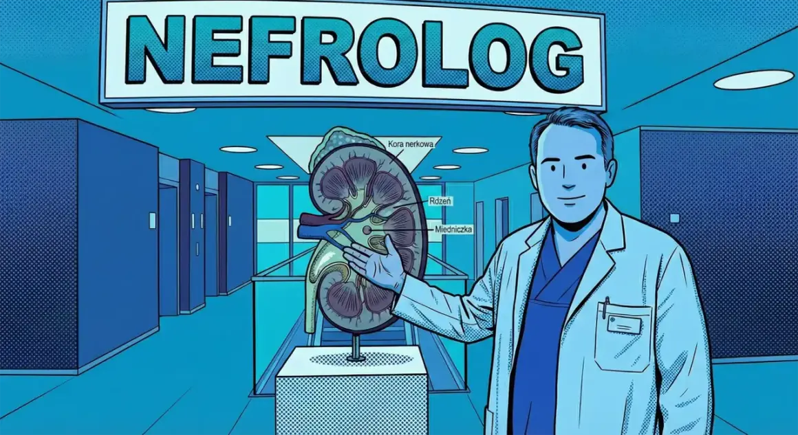 Lekarz od nerek, nefrolog, prezentuje przekrój nerki. Nad nim napis "NEFROLOG".