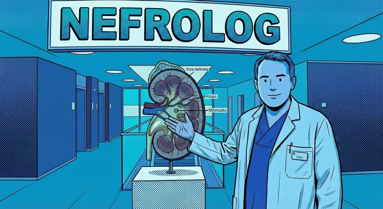 Lekarz od nerek, nefrolog, prezentuje przekrój nerki. Nad nim napis 