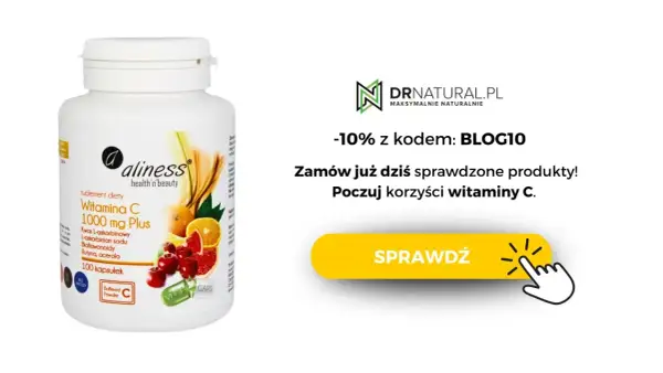 Biała butelka suplementu diety Witamina C 1000 mg Plus z owocami cytrusowymi i wiśniami.