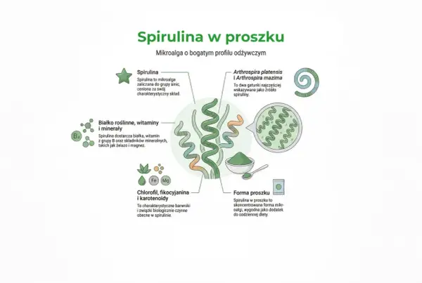 Ilustracja przedstawia spirulinę w proszku, jej składniki odżywcze i formę podania.
