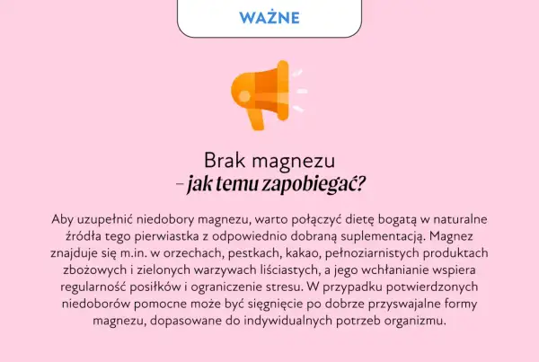 Grafika z ikoną megafonu i tekstem "Brak magnezu - jak temu zapobiegać?". Podkreśla, jak ważne jest uzupełnianie niedoboru magnezu.