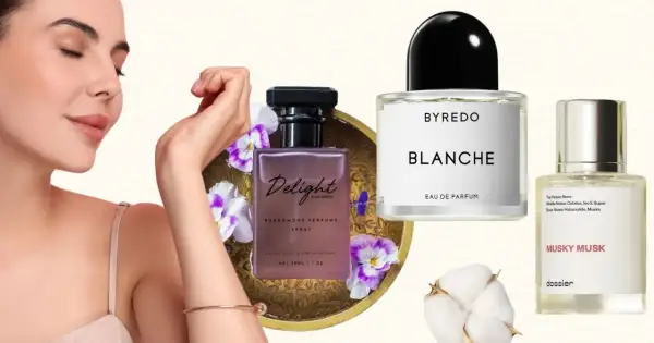 Kobieta wącha perfumy z feromonami "Delight", obok flakoniki Byredo Blanche i Dossier Musky Musk.