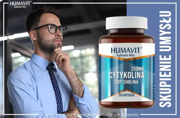 Mężczyzna w okularach zastanawia się nad suplementem diety Humavit Cytikolina CDP-Cholina, który wspiera skupienie umysłu.