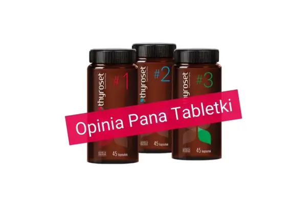 Trzy opakowania suplementu diety thyroset z numerami 1, 2 i 3. Na pierwszym planie różowa wstęga z napisem "Opinia Pana Tabletki".