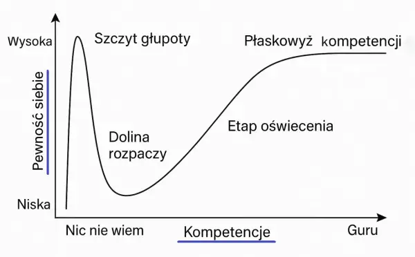 Wykres ilustrujący efekt Dunninga Krugera: od "szczytu głupoty" i "doliny rozpaczy" do "płaskowyżu kompetencji" i "etapu oświecenia".