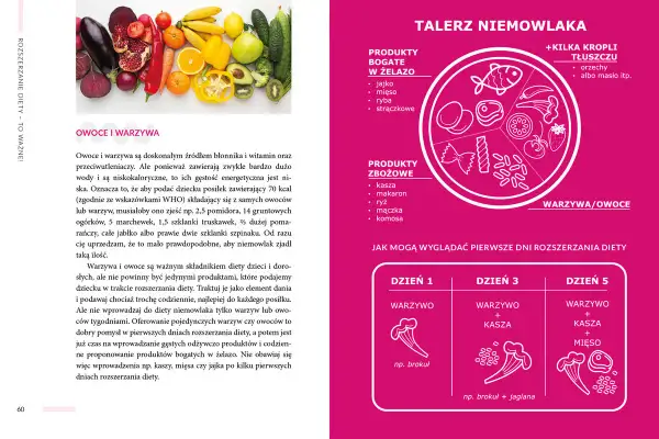 Kolorowy talerz niemowlaka z podziałem na grupy produktów, obok zdjęcie owoców i warzyw. Tekst o rozszerzaniu diety niemowląt.