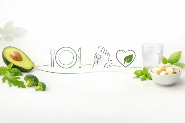 Zdrowa dieta na dnę moczanową: awokado, brokuły, tofu i woda. Symbol serca z liściem oznacza zdrowie.