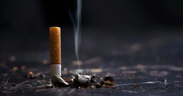 Niedopałek papierosa z dymem unoszącym się w górę. Pozostałości po paleniu papierosów na ciemnym tle.