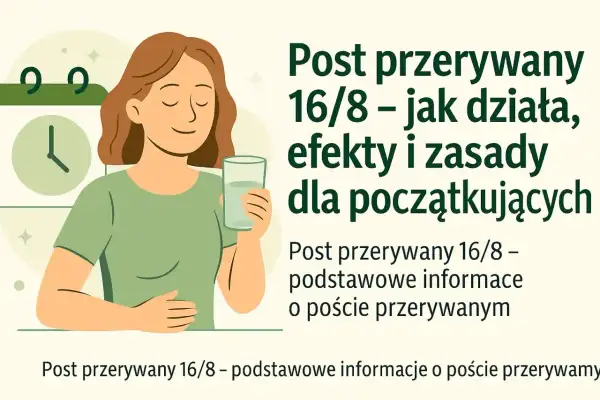 Kobieta z uśmiechem trzyma szklankę wody, obok kalendarz z zegarem. To ilustracja o oknie żywieniowym 16/8.