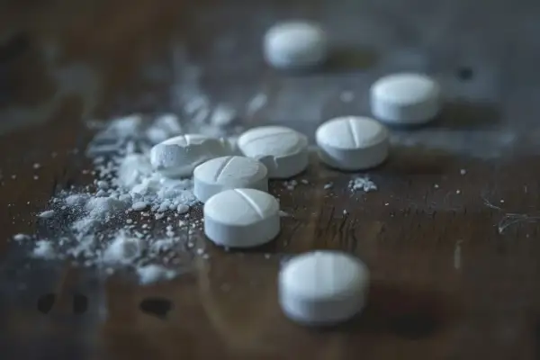 Białe tabletki, niektóre pokruszone, leżą na drewnianym blacie. To niebezpieczny fentanyl narkotyk.