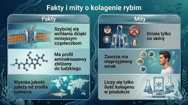 Fakty i mity o kolagenie rybim. Kolagen hydrolizowany szybko się wchłania, ma profil aminokwasowy zbliżony do ludzkiego, a jego jakość zależy od źródła.