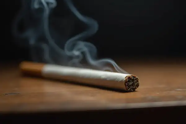 Dymiący papieros na drewnianym blacie. Zastanawiasz się, ile nikotyny ma papieros?